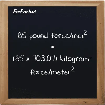 Cara konversi pound-force/inci<sup>2</sup> ke kilogram-force/meter<sup>2</sup> (lbf/in<sup>2</sup> ke kgf/m<sup>2</sup>): 85 pound-force/inci<sup>2</sup> (lbf/in<sup>2</sup>) setara dengan 85 dikalikan dengan 703.07 kilogram-force/meter<sup>2</sup> (kgf/m<sup>2</sup>)